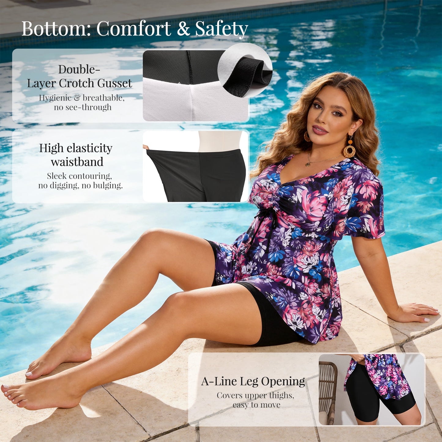 Atercel Plus Size Swimsuit for Women Drawstring V-Neck Ruffle Sleeve Two Piece Swimdress with Shorts