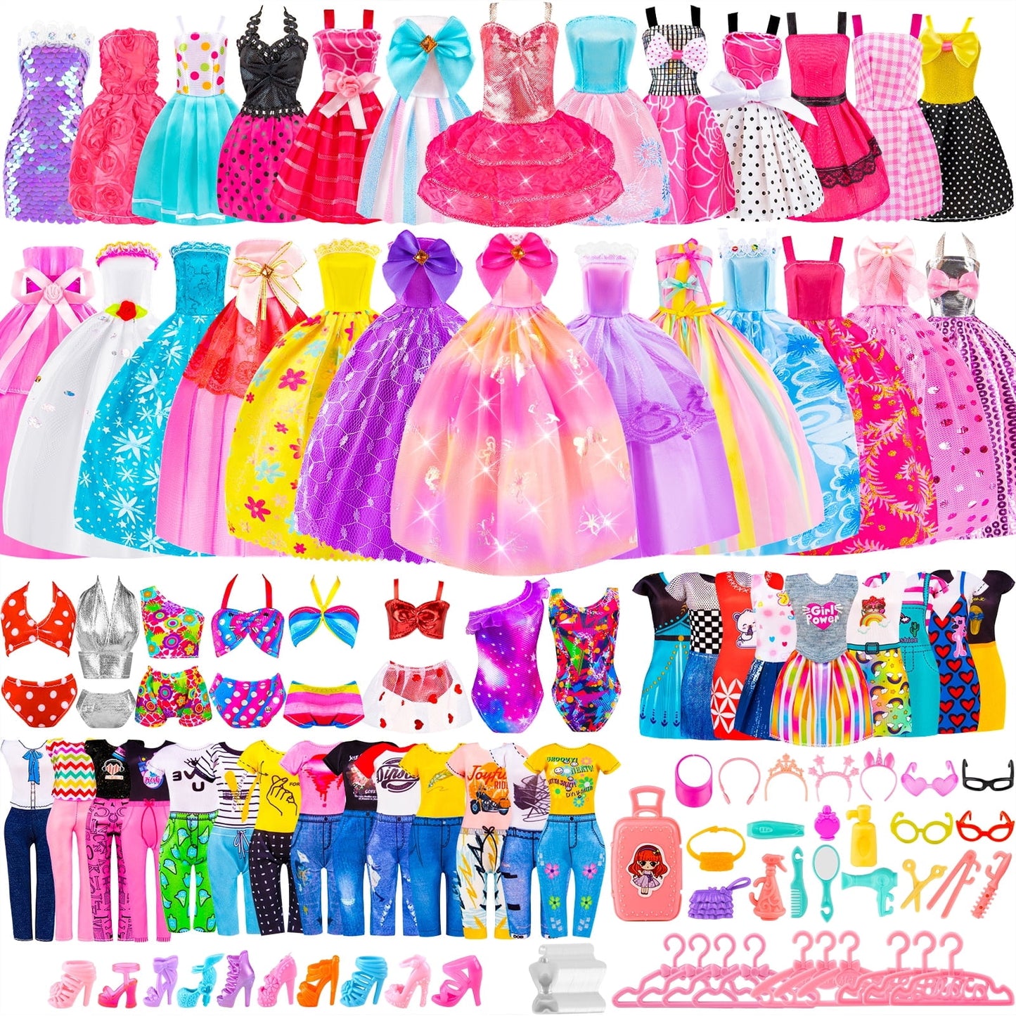 100Pcs Doll Clothes & Accessories for Girls, Dress Up Set with Dresses, Swimwear, Shoes, Hangers, Gift for Kids