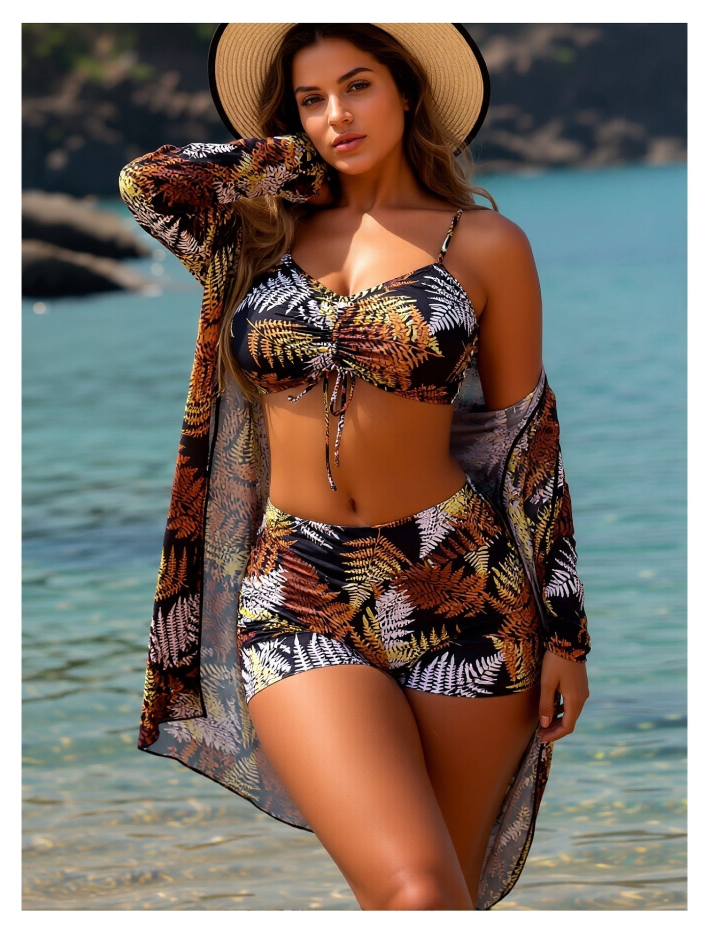 2026 New module Women's Black Brown Fern Print 3-Piece Swim Set - Ruched Bikini Top with Matching Bikini Shorts Long Sleeve Cover-Up Kimono for Beach, Pool, Vacation S-XL