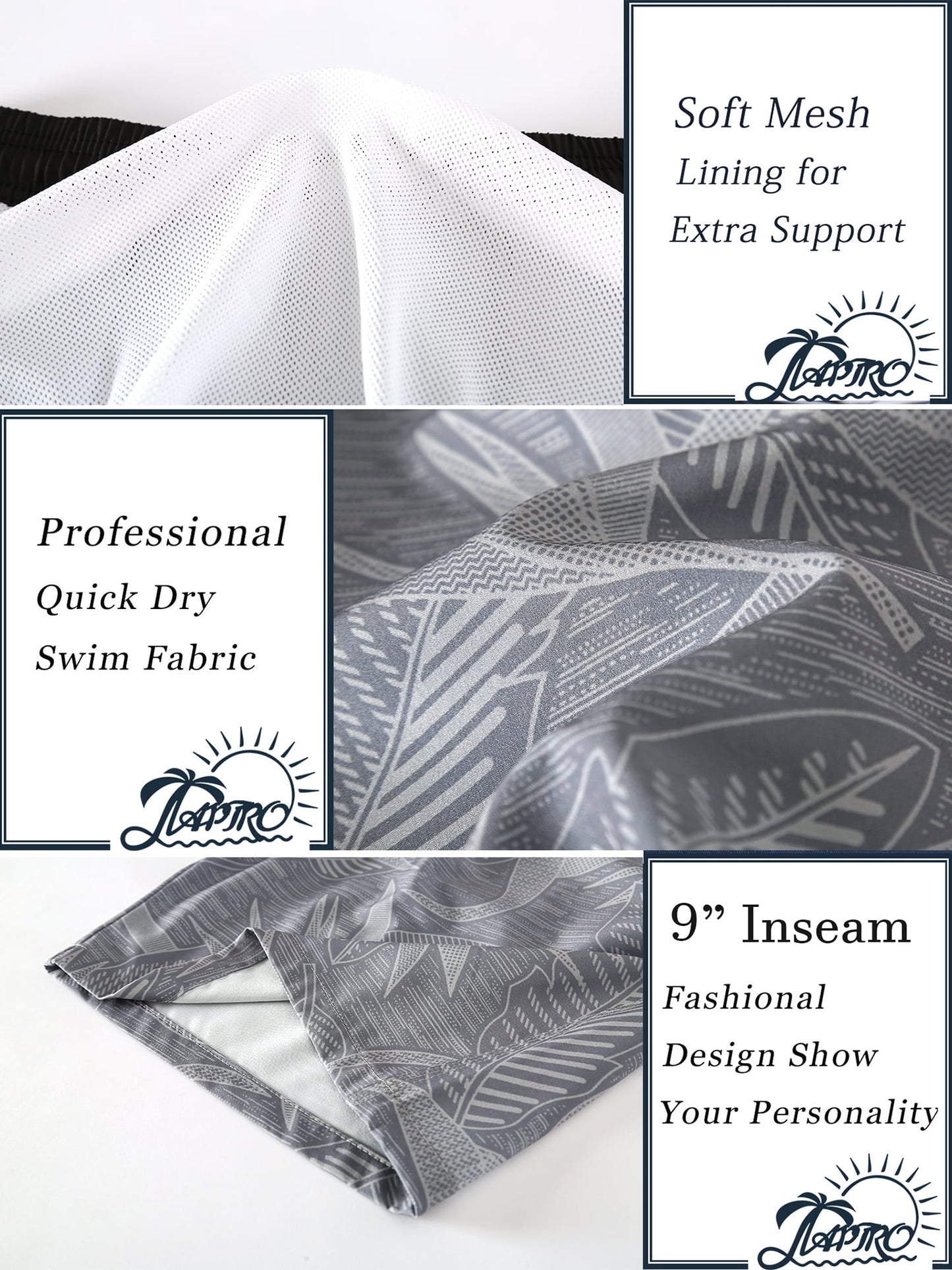 APTRO Mens Swim Trunks 9'' Mesh Liner Quick Dry Swim Shorts Board Shorts Bathing Suit Swimsuit Summer Beach Shorts Gray MK36 M