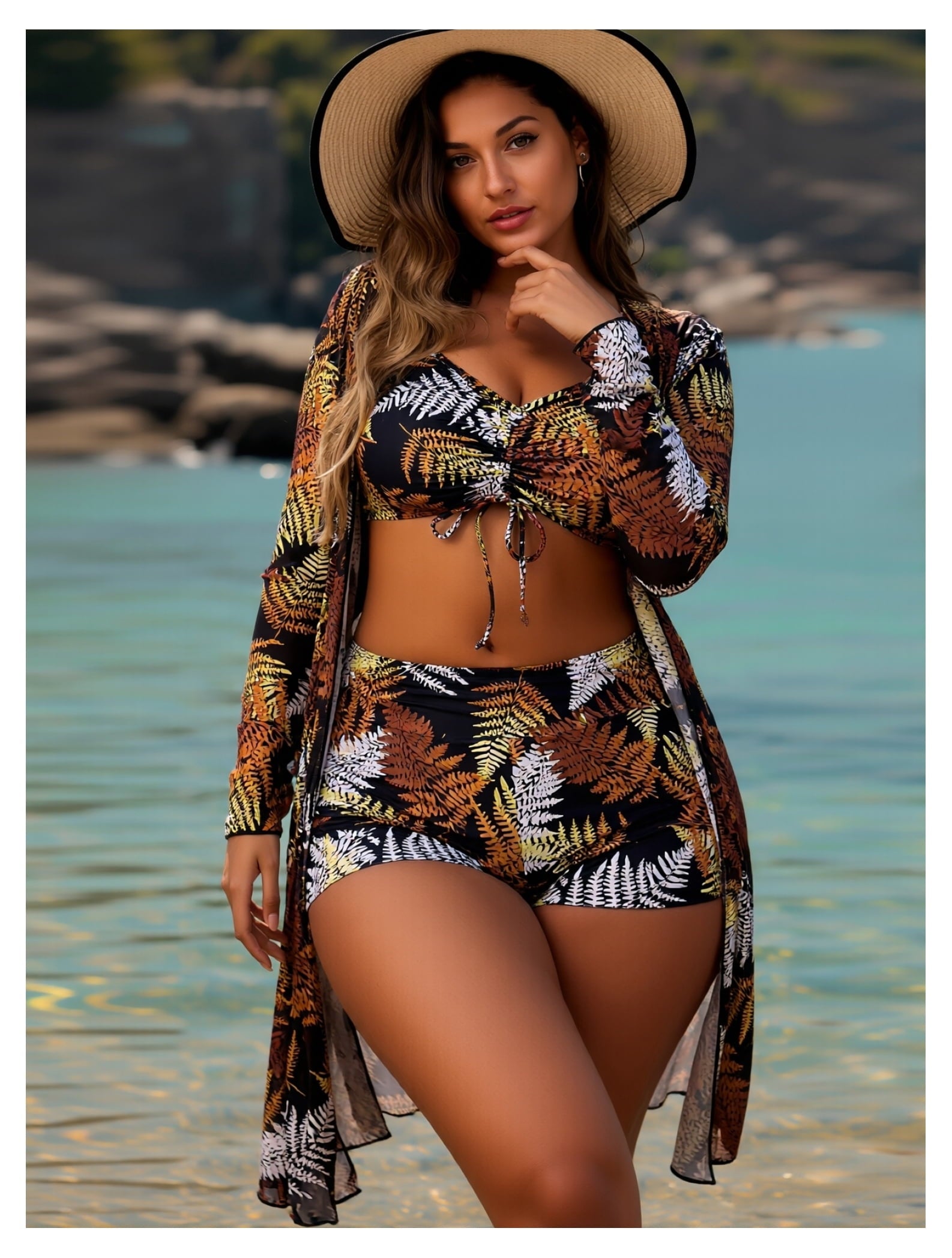 2026 New module Women's Black Brown Fern Print 3-Piece Swim Set - Ruched Bikini Top with Matching Bikini Shorts Long Sleeve Cover-Up Kimono for Beach, Pool, Vacation S-XL