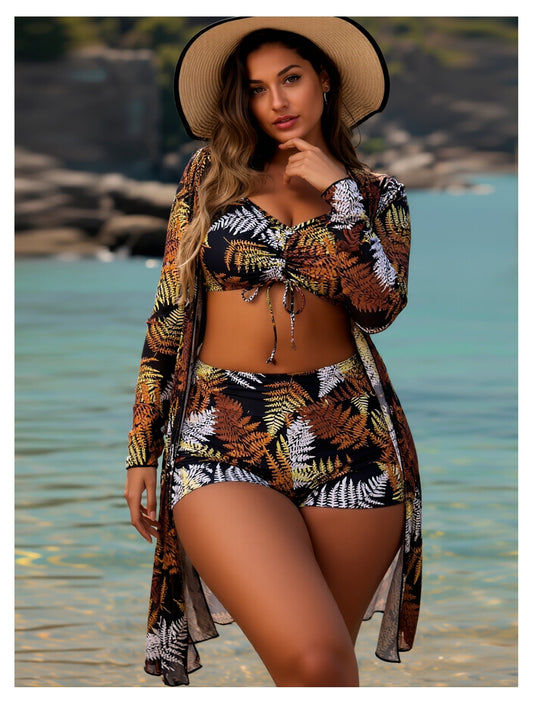 2026 New module Women's Black Brown Fern Print 3-Piece Swim Set - Ruched Bikini Top with Matching Bikini Shorts Long Sleeve Cover-Up Kimono for Beach, Pool, Vacation S-XL
