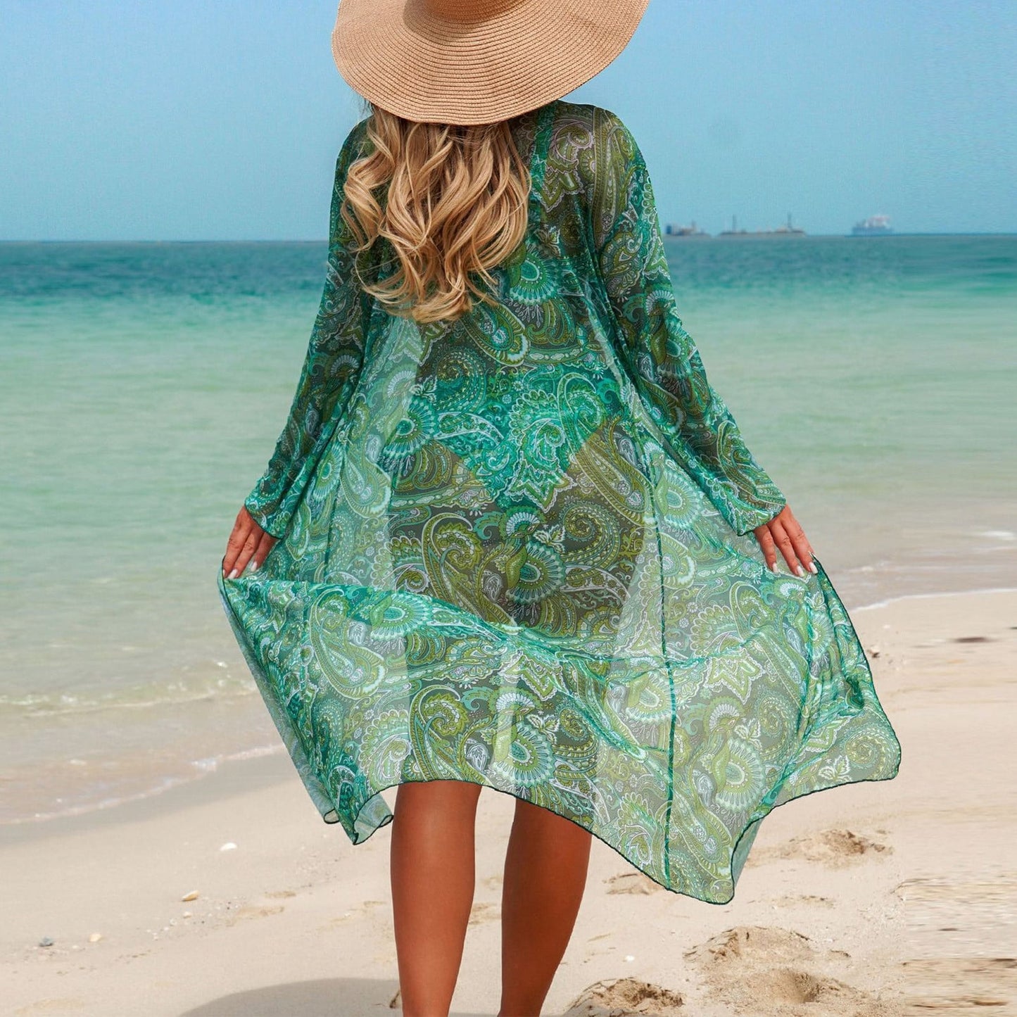 Avrnliq Womens 3-Piece Green Paisley Print Bikini Set with Kimono Cover Up, Quick Dry UPF Sun Protection ,Size XL