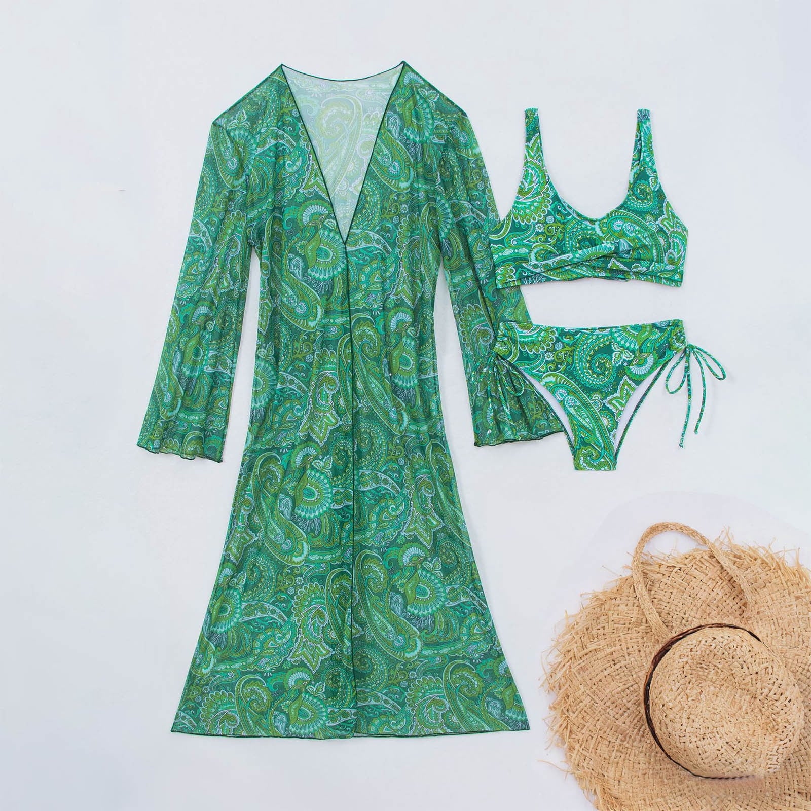 Avrnliq Womens 3-Piece Green Paisley Print Bikini Set with Kimono Cover Up, Quick Dry UPF Sun Protection ,Size XL