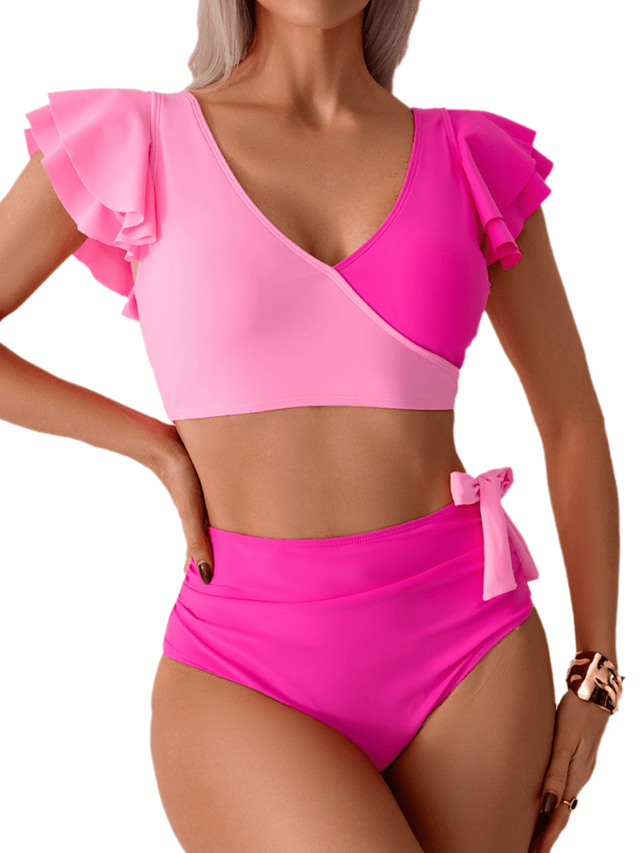 AWCHIC Women's Two-Piece Bikini Set Ruffle Sleeve V-Neck Backless Swim Top & Side Tie Tummy Control Bikini Bottoms, Size S-2XL