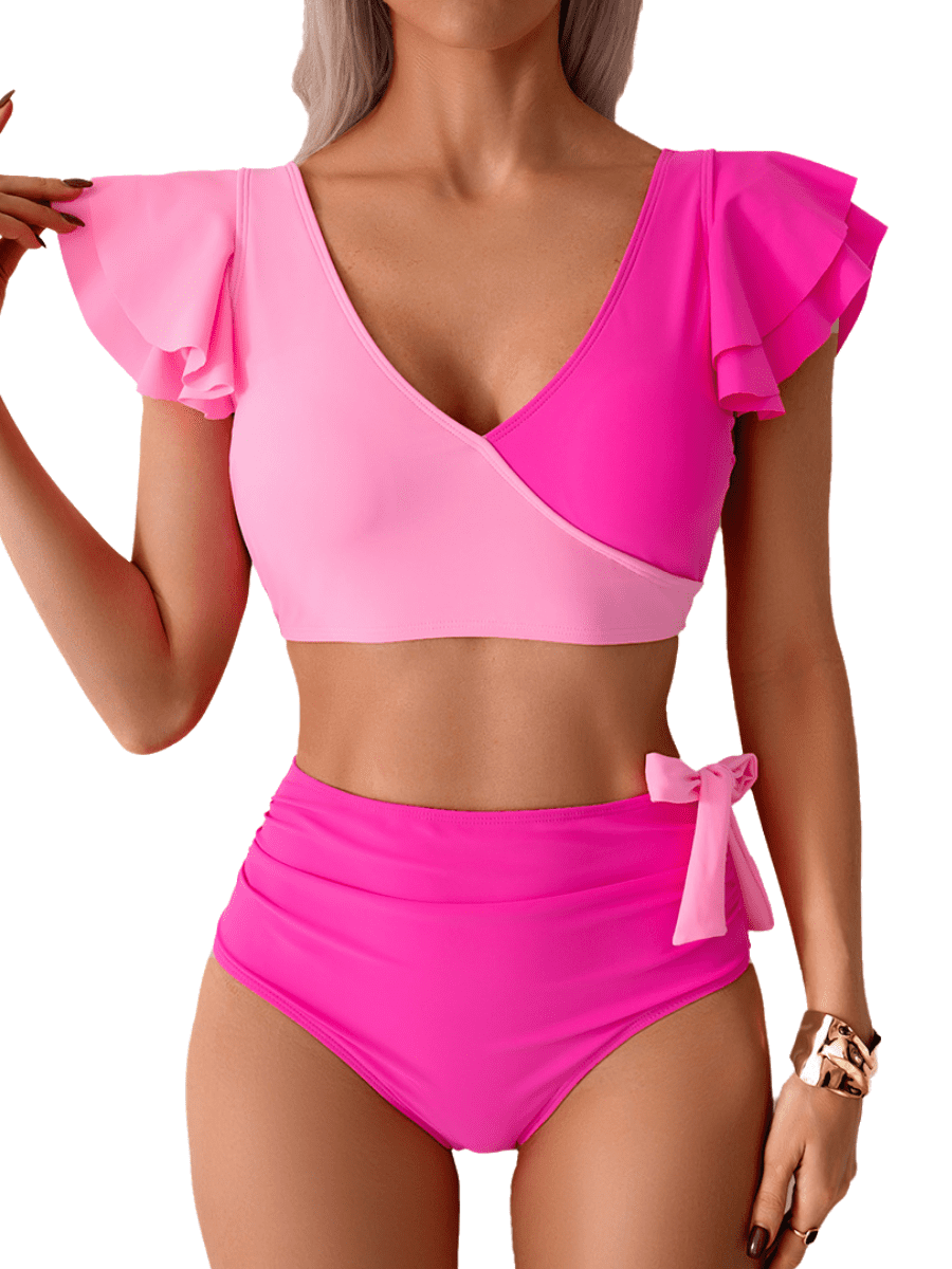AWCHIC Women's Two-Piece Bikini Set Ruffle Sleeve V-Neck Backless Swim Top & Side Tie Tummy Control Bikini Bottoms, Size S-2XL