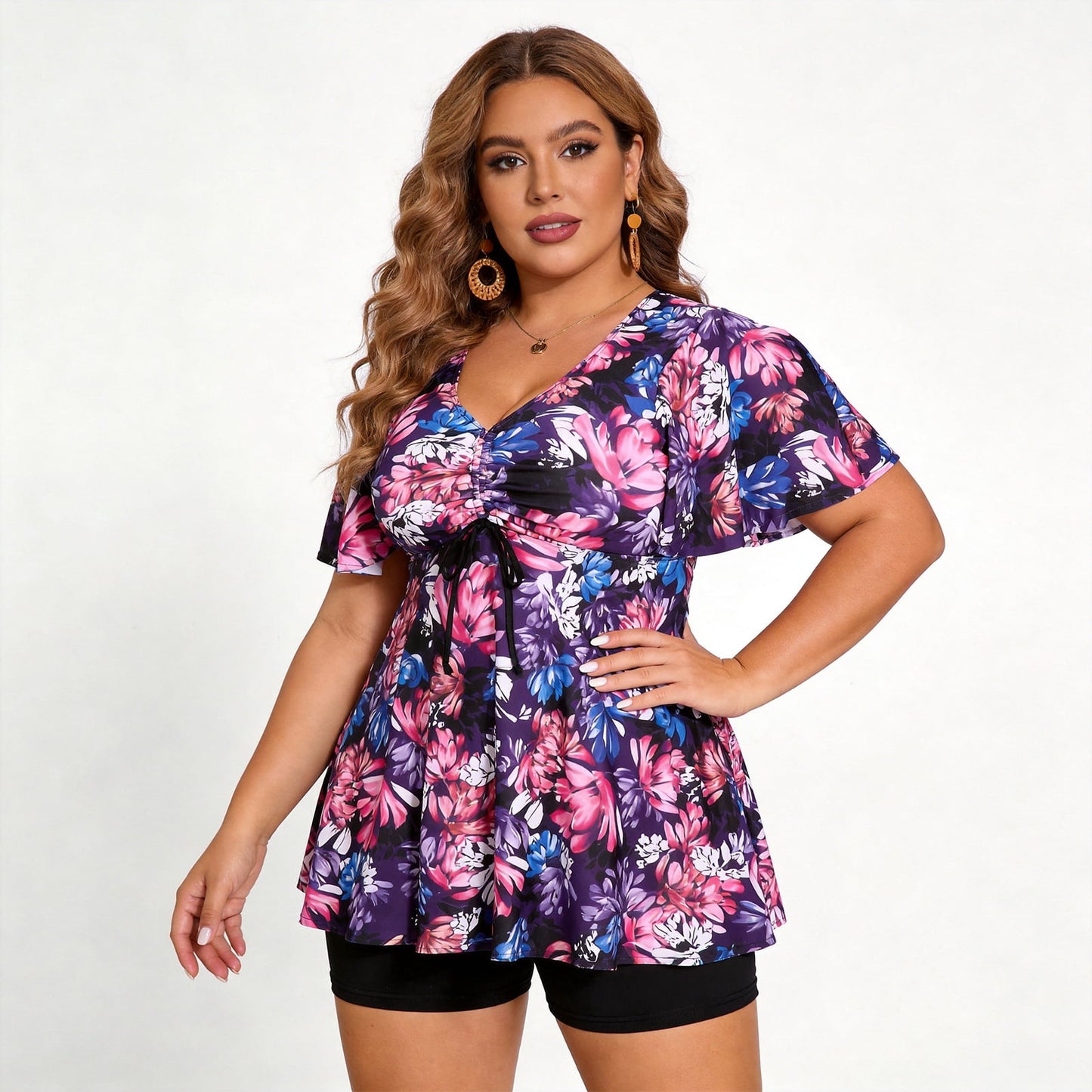 Atercel Plus Size Swimsuit for Women Drawstring V-Neck Ruffle Sleeve Two Piece Swimdress with Shorts