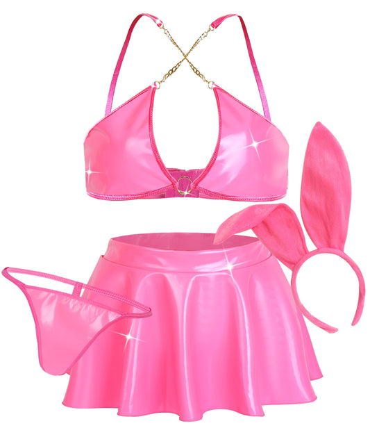 Ausing Womens Chain Bra Top Mini Skirt Low Rise Metallic Triangle Bikini Bunny Costume Glossy Shiny Rave Outfits Halter Crop with Ears Headband G-String 4pc Pink XL