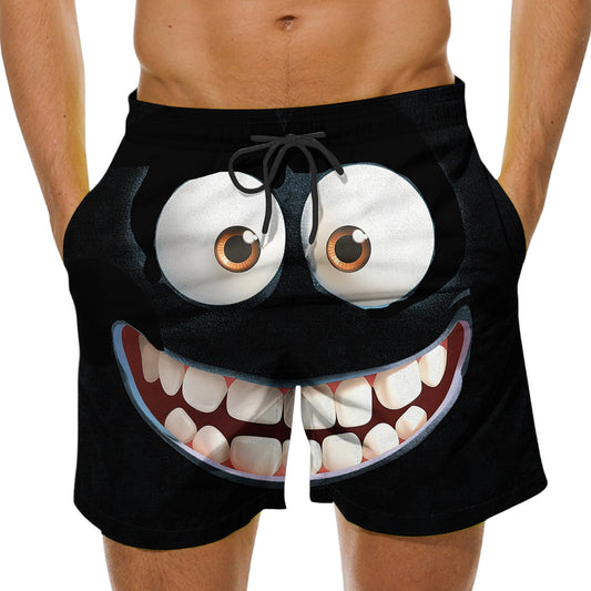 Avrnliq Men's Funny Cartoon Face 3D Print Quick Dry Swim Trunks Elastic Waist Drawstring Black Summer Beach Pool Casual Shorts