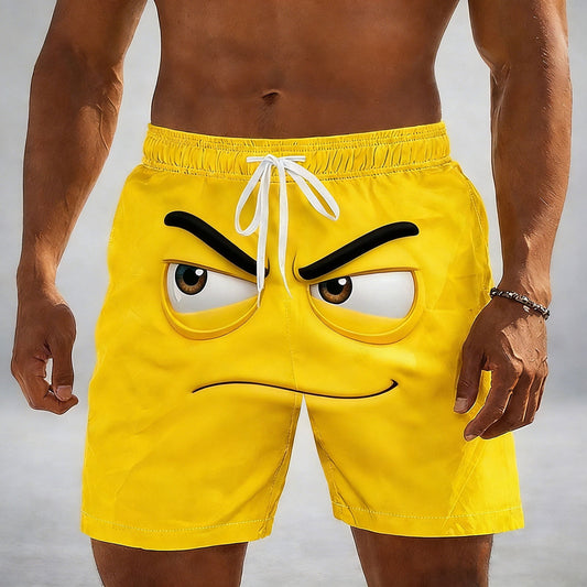Avrnliq Mens Funny Angry Face Graphic Swim Trunks, Quick Dry Stretch Yellow Swim Shorts with Drawstring Waist, Inclusive Sizing S-XXXXXL,Size 4XL