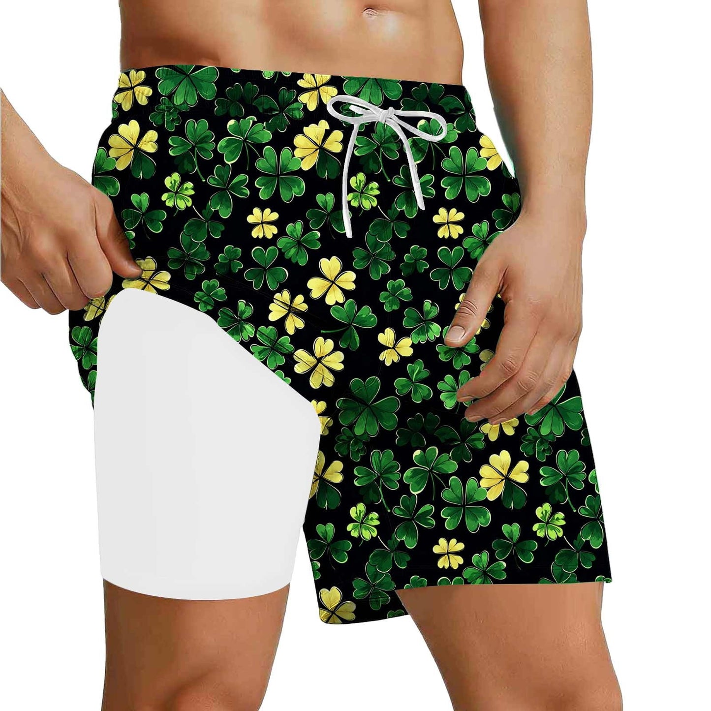 Avrnliq Mens Green St. Patrick's Day Shamrock Print Swim Trunks with Compression Liner Quick Dry 2-in-1 Beach Pool Shorts,Size S