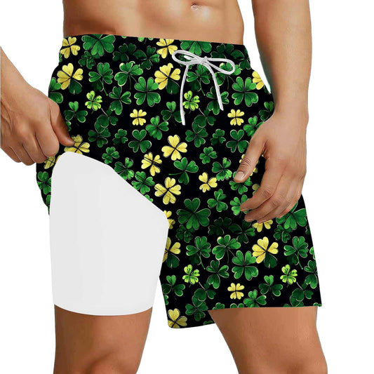 Avrnliq Mens Green St. Patrick's Day Shamrock Print Swim Trunks with Compression Liner Quick Dry 2-in-1 Beach Pool Shorts,Size S