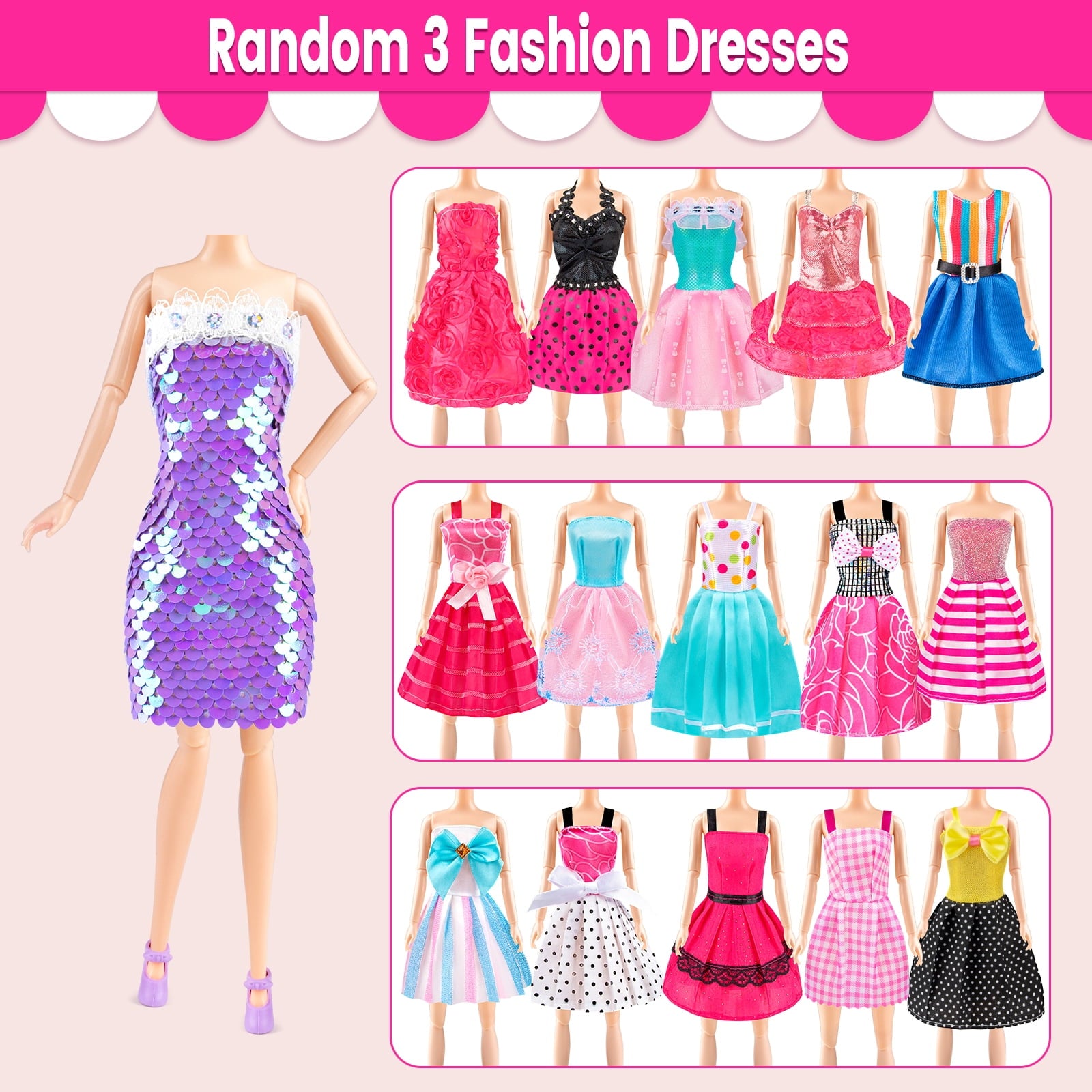 100Pcs Doll Clothes & Accessories for Girls, Dress Up Set with Dresses, Swimwear, Shoes, Hangers, Gift for Kids