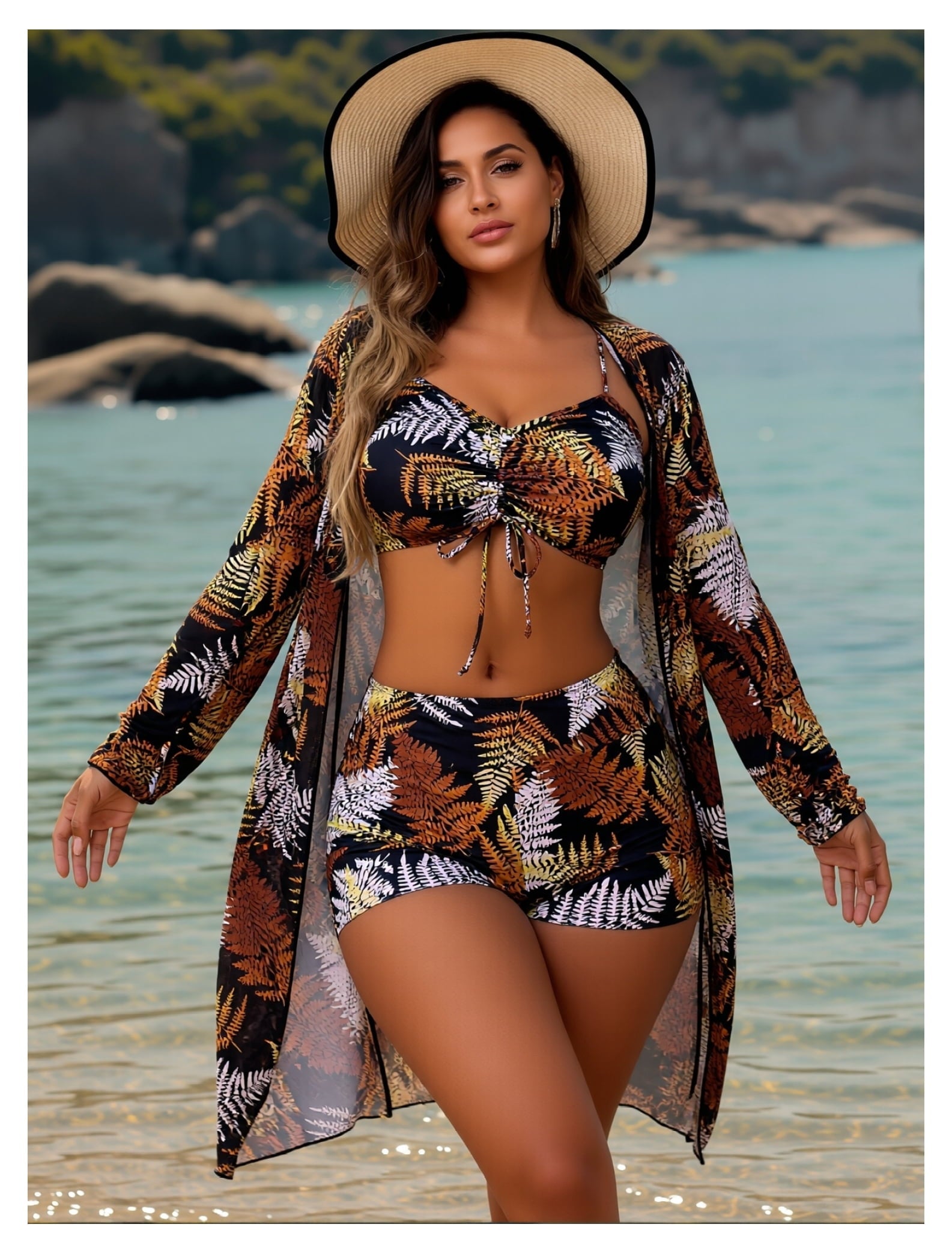 2026 New module Women's Black Brown Fern Print 3-Piece Swim Set - Ruched Bikini Top with Matching Bikini Shorts Long Sleeve Cover-Up Kimono for Beach, Pool, Vacation S-XL