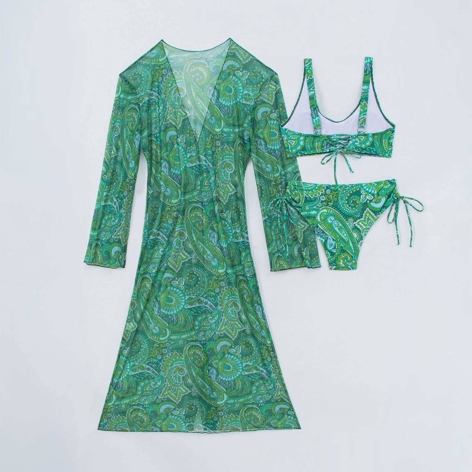 Avrnliq Womens 3-Piece Green Paisley Print Bikini Set with Kimono Cover Up, Quick Dry UPF Sun Protection ,Size XL