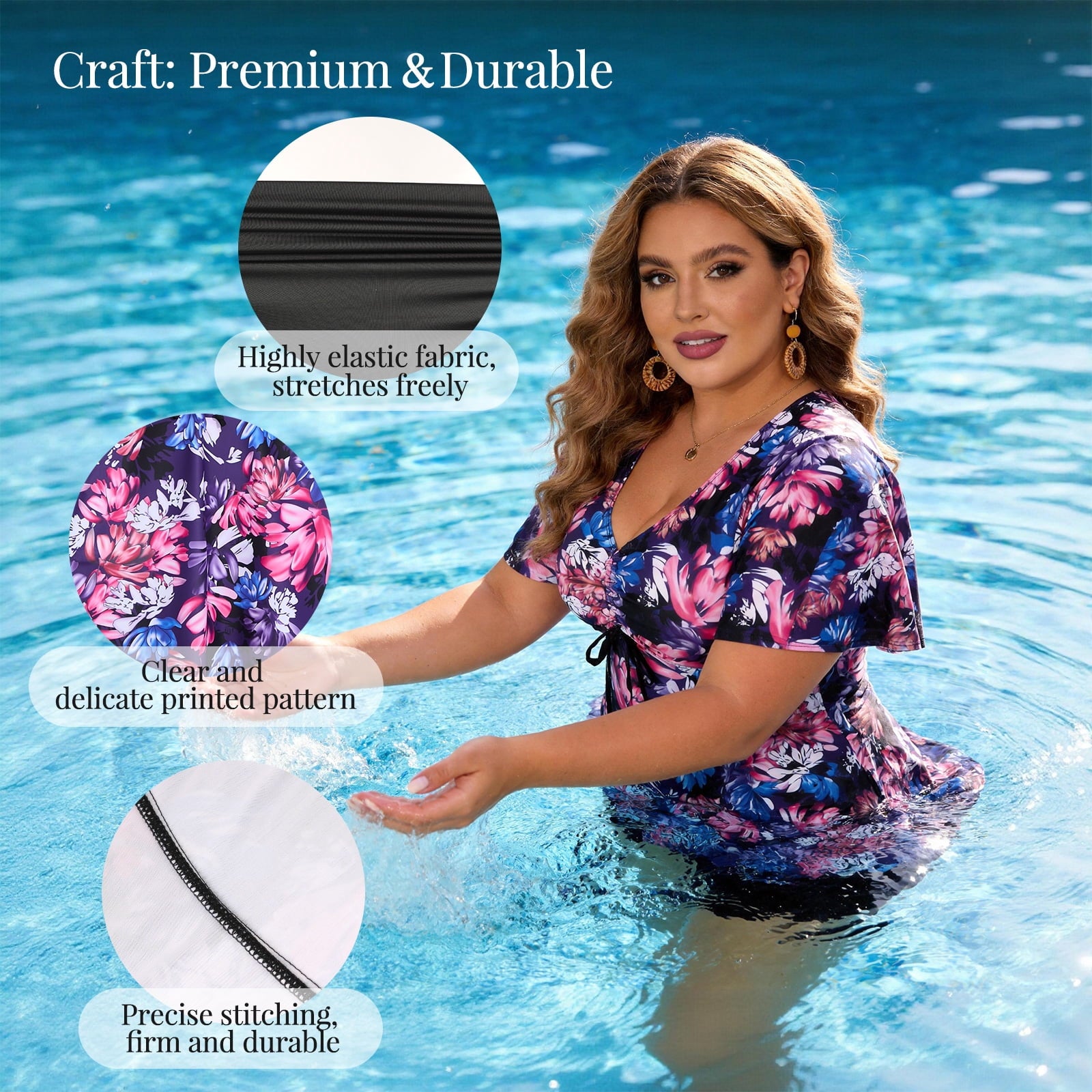 Atercel Plus Size Swimsuit for Women Drawstring V-Neck Ruffle Sleeve Two Piece Swimdress with Shorts