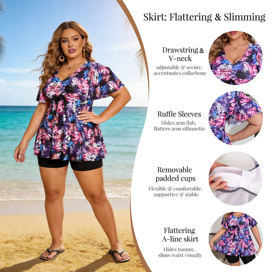 Atercel Plus Size Swimsuit for Women Drawstring V-Neck Ruffle Sleeve Two Piece Swimdress with Shorts